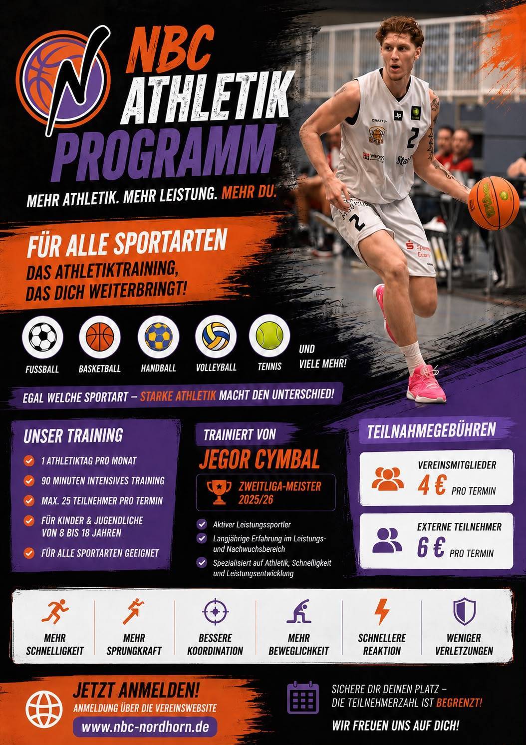 Flyer zum NBC Athletikprogramm mit Trainingszeiten und Preisen