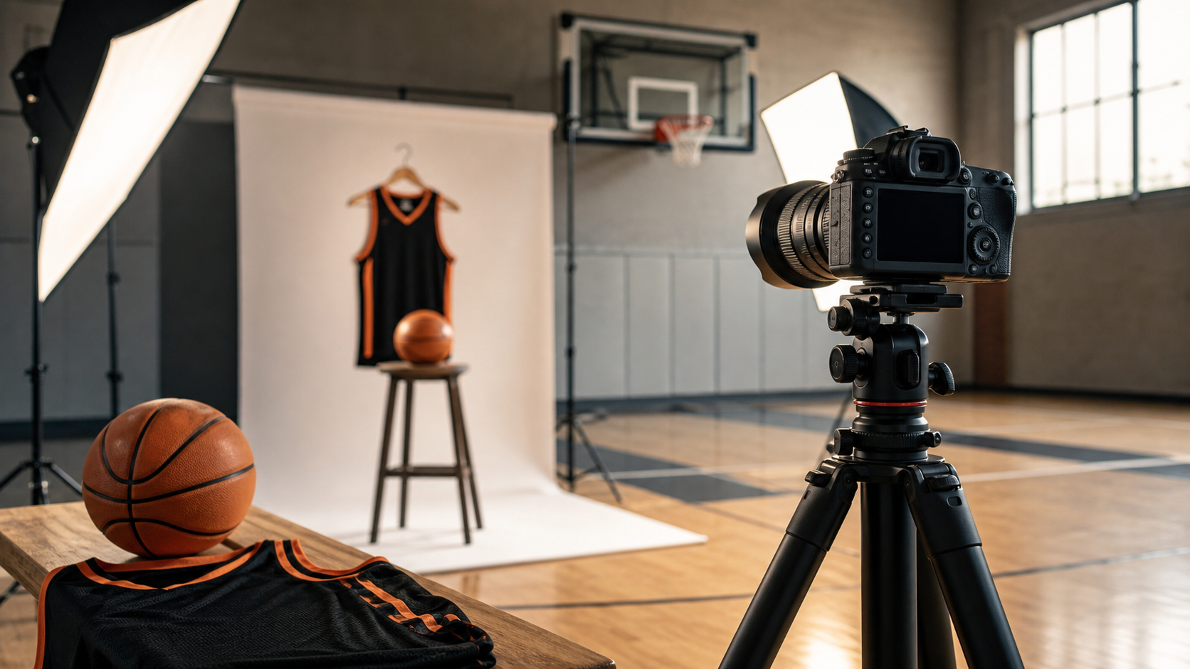 Kamera, Licht und Basketball-Setup für einen Media Day